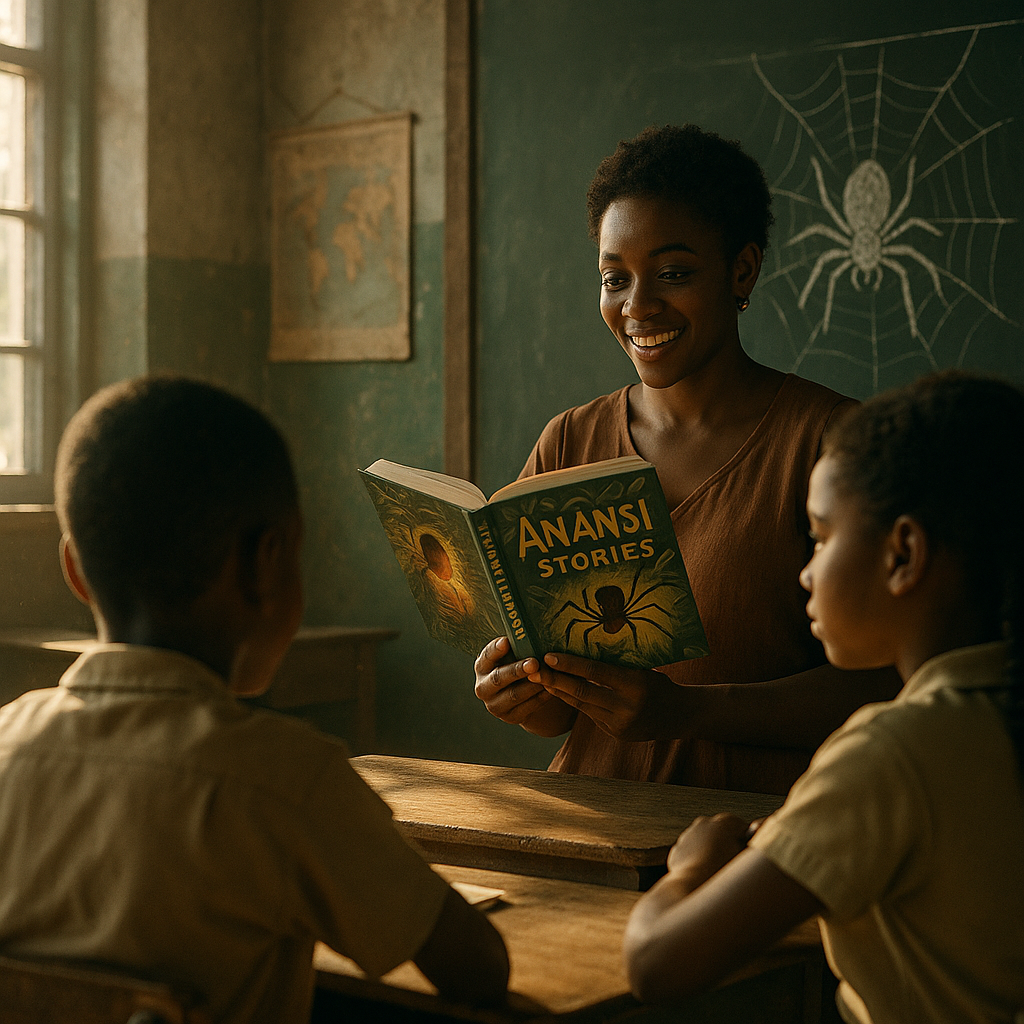 Teacher reading a book to students in a rural Jamaican classroom in the 1970s
