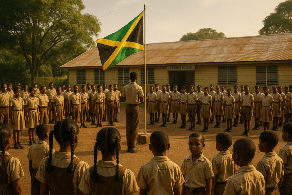 Students lined up with the Jamaican flag at a rural school assembly in the 1970s