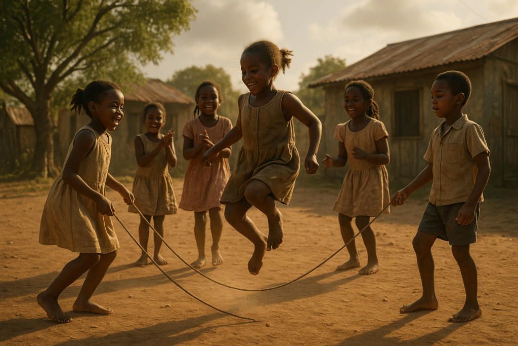 Children skipping rope near a Jamaican river on wash day