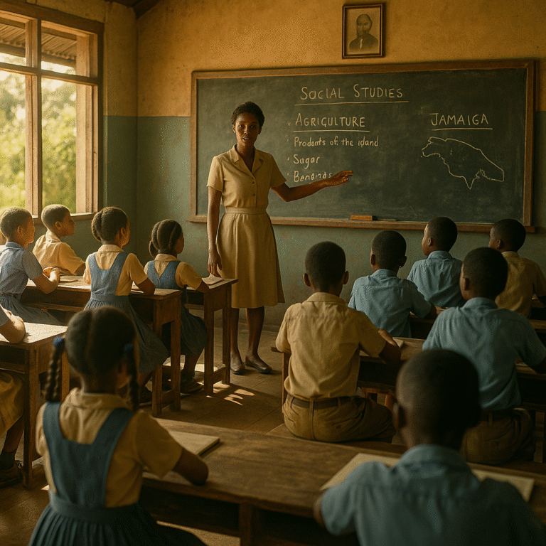 Teacher and students in a 1970s rural Jamaican classroom learning social studies