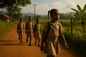 Children walking to the river for wash day in rural Jamaica