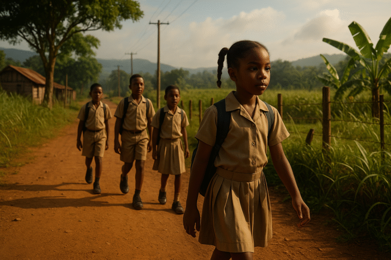 Children walking to the river for wash day in rural Jamaica